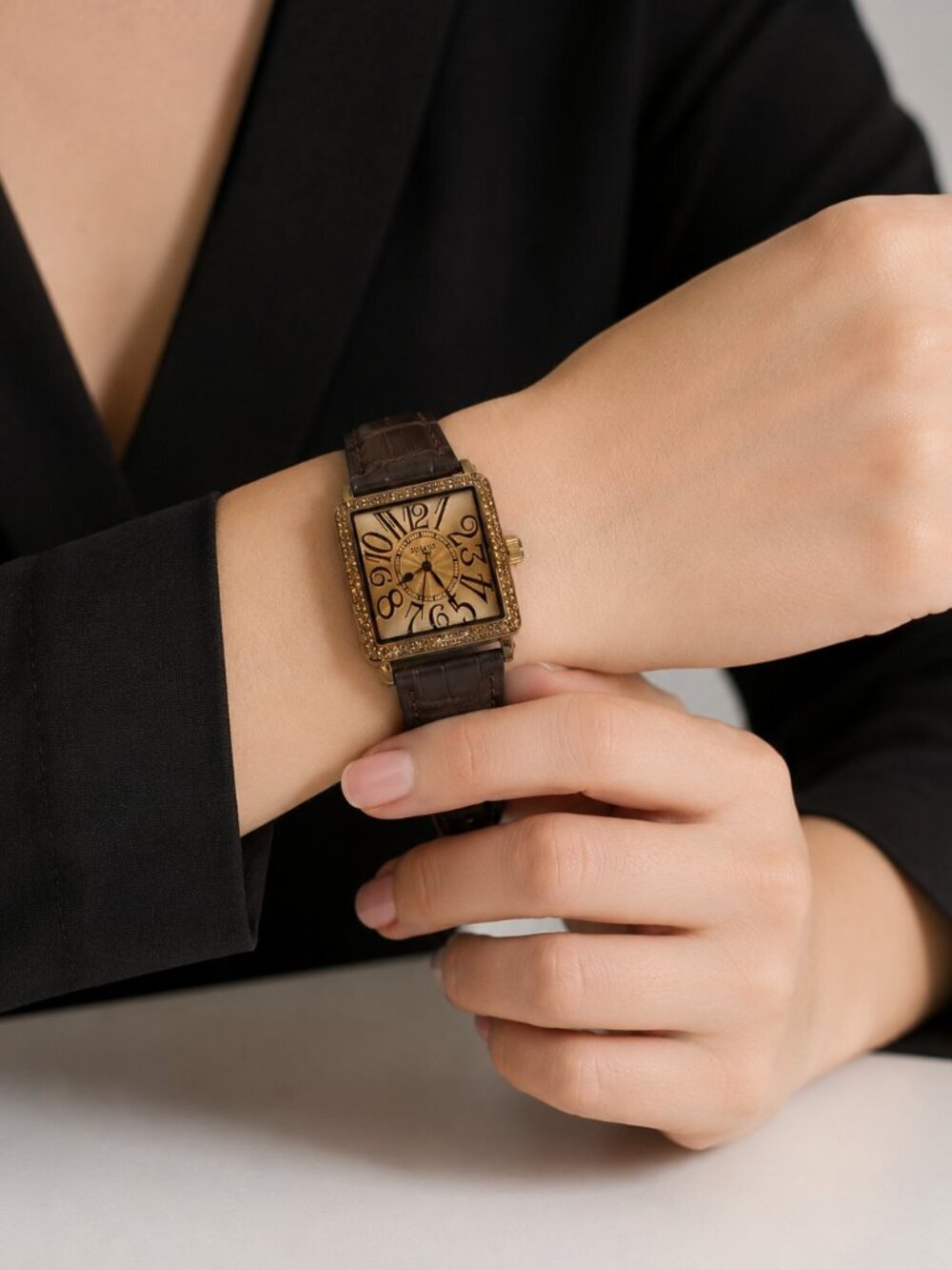 JULIUS Women's Rose Gold Square Watch Brown Genuine Leather Strap Crystal Bezel